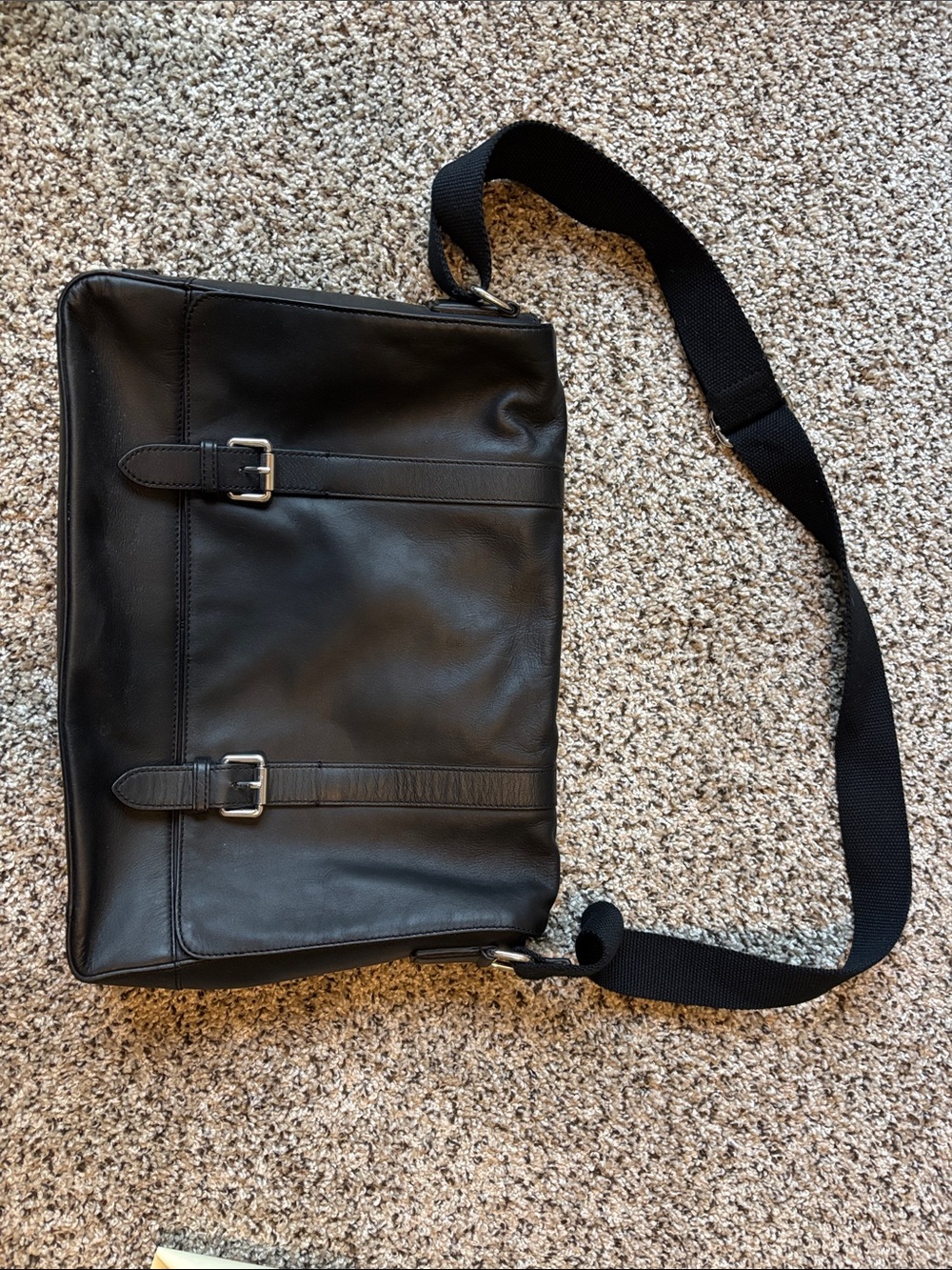 Cole Haan Black Leather Messenger Bag with Buckle Accents